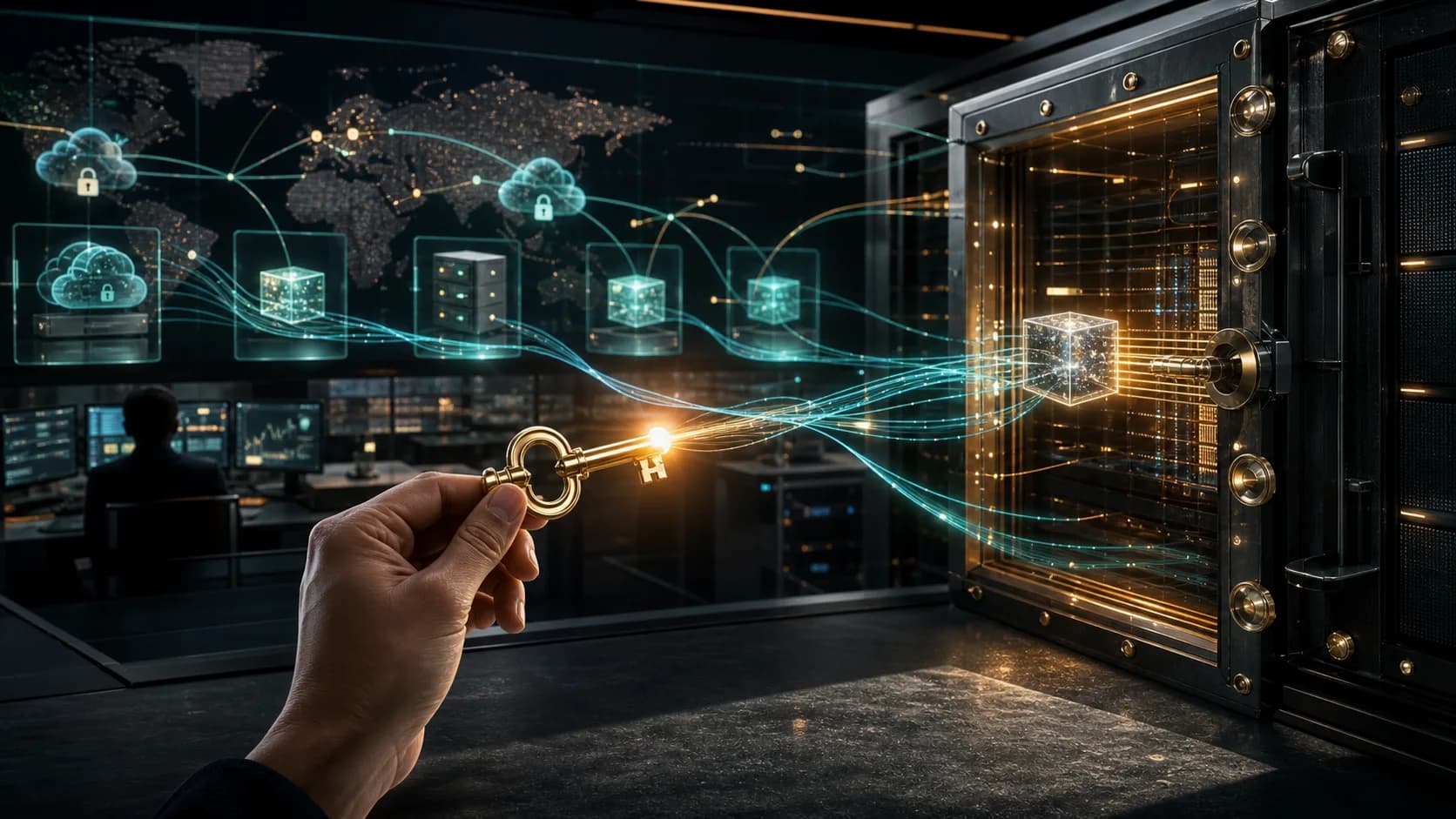 Encrypted data vault with owner-held keys spanning cloud regions and protected enterprise nodes.