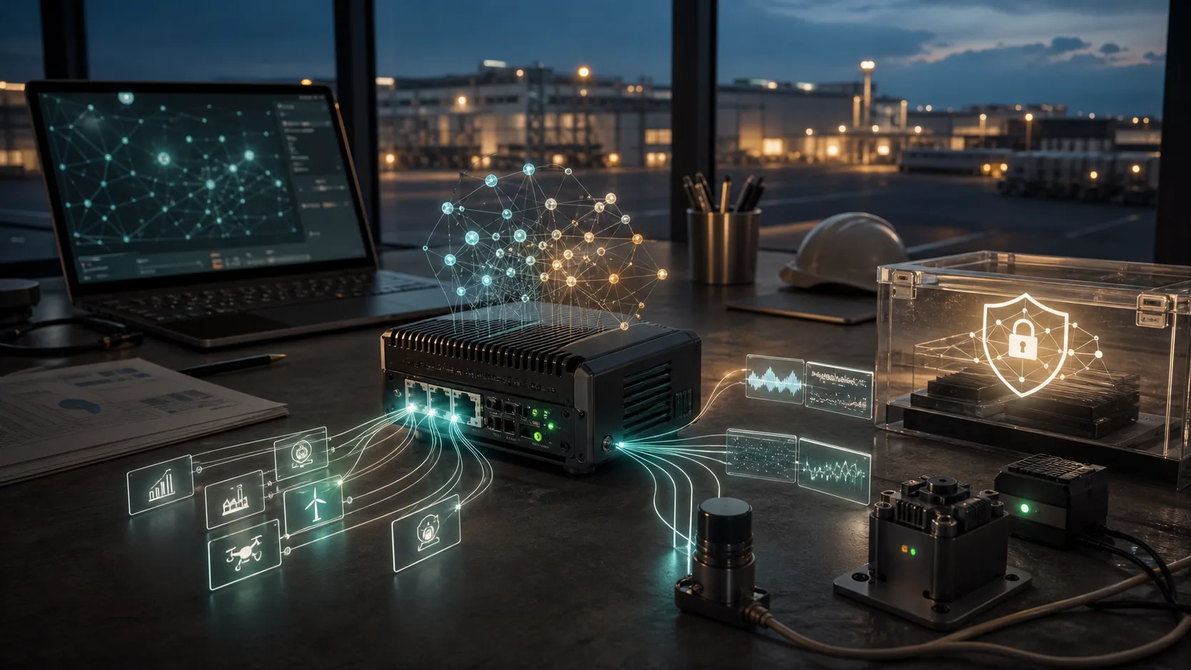 A rugged local edge node connected to sensor feeds, graph context, and a protected staging area inside an industrial operations room.
